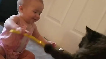 Adorable baby and Cat